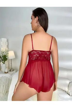 Bordo Dantel Tül Göğüs İp Detaylı Fırfır Etekli Kadın Fantezi Babydoll