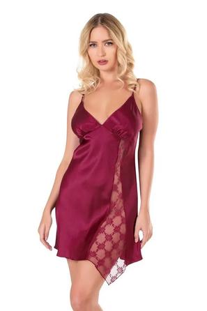 Bordo Saten Dantel Detaylı Kadın İp Askılı Gecelik