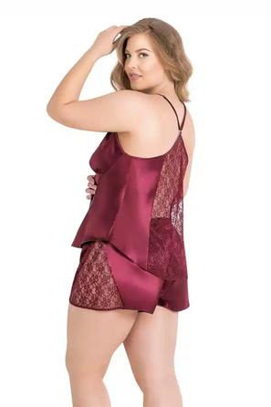 Bordo Saten Dantelli Kadın Fantezi Babydoll Şort Takımı Büyük Beden