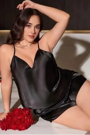 Büyük Beden Siyah Saten Fantezi Şortlu Takım