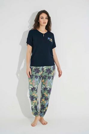 Çiçek ve Yaprak Baskılı Summer Vacation Lacivert Pijama Takımı