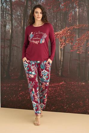 Çiçek ve Yaprak Desenli (I'm Living In a Dreamland) Bordo Pijama Takımı