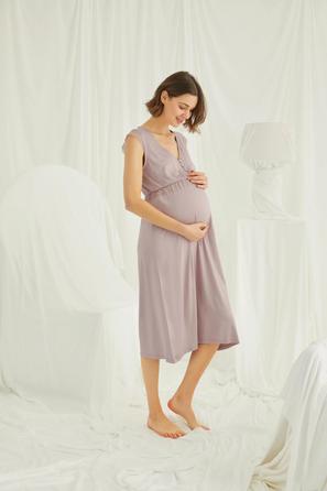 Dantelli Önü Düğmeli Vizon Hamile  ve Lohusa Gecelik