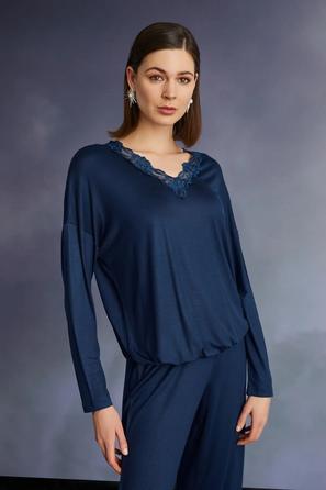 Dantelli ve Bağcık Detaylı Lacivert Pijama Takımı