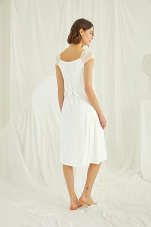 Dantelli Önü Düğmeli Ekru Hamile Lohusa Gecelik