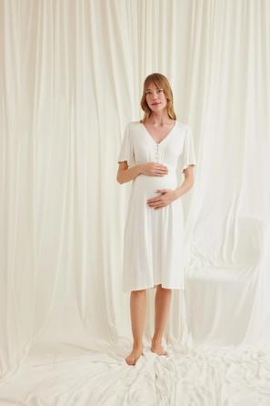 Dantelli Önü Düğmeli Ekru Hamile Lohusa Gecelik