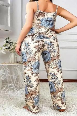 Ekru Saten İp Askılı Mavi Çiçek Desenli Kadın 2 li Pijama Takımı