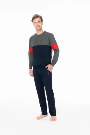 Antrasit Melanj Pamuk Şerit Detaylı Erkek Pijama Takımı U.S. Polo Assn.