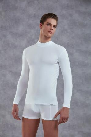 Erkek Beyaz Pamuk Karışımlı Yarım Balıkçı Yaka Uzun Kollu Tişört 