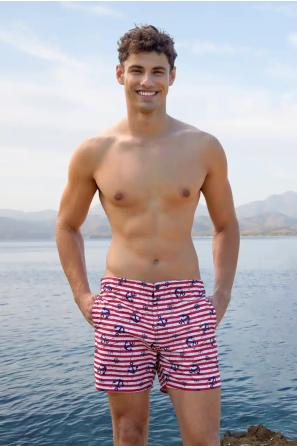 Erkek Deniz Şortu Kırmızı Çizgili Gemici Desenli
