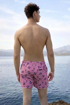 Erkek Deniz Şortu Kırmızı Çizgili Gemici Desenli