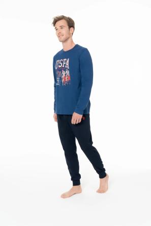 İndigo Pamuk Baskılı Erkek Pijama Takımı U.S. Polo Assn.
