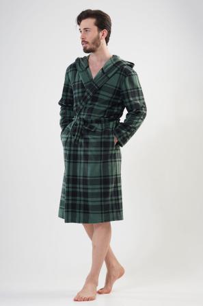 Erkek Polar Ekoseli Kapşonlu Uzun Kol Cepli Sabahlık