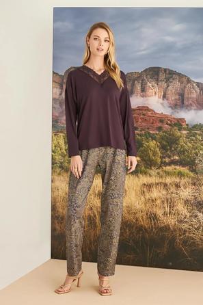Etnik Desenli Dantelli Mürdüm Pijama Takımı