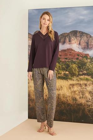 Etnik Desenli Dantelli Mürdüm Pijama Takımı