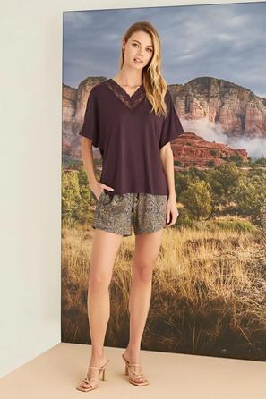 Etnik Desenli Dantelli Mürdüm Şort Takımı