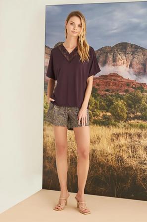 Etnik Desenli Dantelli Mürdüm Şort Takımı