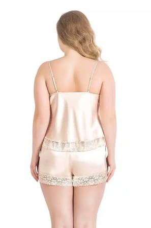 Fildişi Saten Dantelli Büyük Beden Babydoll Şort Takım 