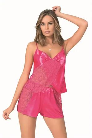 Fuşya Saten Dantel Detaylı Kadın İp Askılı Fantezi Şortlu Takım