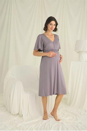 Dantelli Önü Düğmeli Gri Hamile Lohusa Gecelik