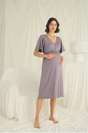 Dantelli Önü Düğmeli Gri Hamile Lohusa Gecelik