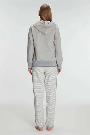 Gri Pamuklu Çizgili Kapüşonlu Fermuarlı Uzun Kollu Sweatshirt Sıfır Kollu Tişört ve Pantolon Kadın Pijama Takımı