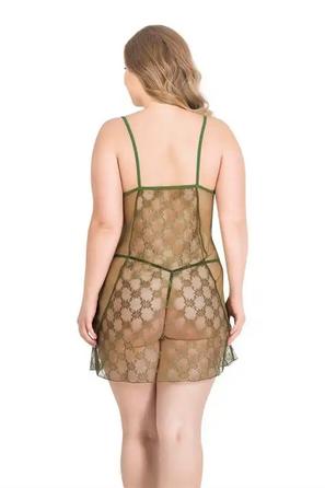 Haki Dantel Desenli İp Askılı Büyük Beden Fantezi Kısa Tül Gecelik