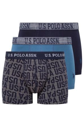 İndigo Lacivert Baskılı Pamuklu Elastan Lastik Detaylı Erkek 3’lü Boxer U.S. Polo Assn. 
