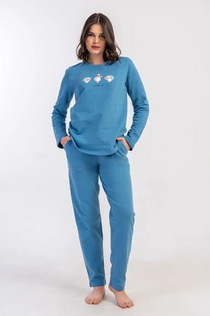 Kadın 2 İplik Büyük Beden Mavi Cepli Uzun Kollu Pijama Takım