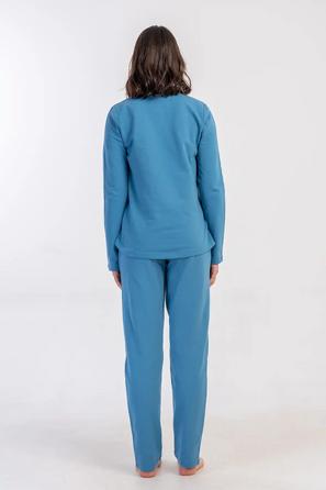 Kadın 2 İplik Büyük Beden Mavi Cepli Uzun Kollu Pijama Takım