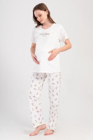 Kadın Beyaz Suprem Cıft Patlı Kısa Kol Hamıle Pijama Takım