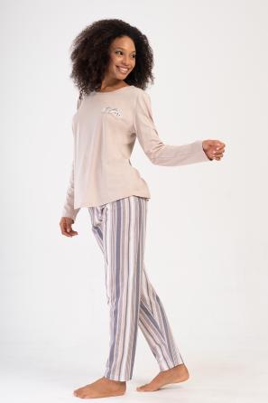 Kadın Büyük Beden Bej Suprem O Yaka Uzun Kol Pijama Takım