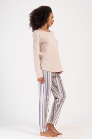 Kadın Büyük Beden Bej Suprem O Yaka Uzun Kol Pijama Takım