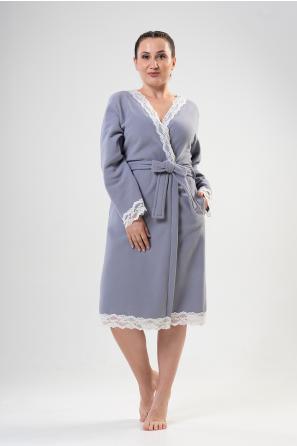 Kadın Büyük Beden Gri Polar Dantel Detaylı Uzun Kol Kısa Cepli Sabahlık