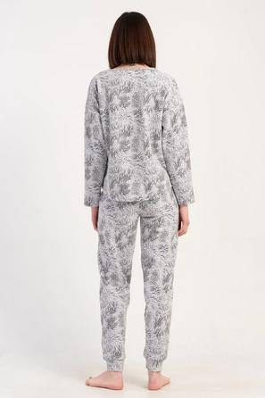 Kadın Büyük Beden Jakarlı Gri Desenli Uzun Kollu Cepli Pijama Takım 