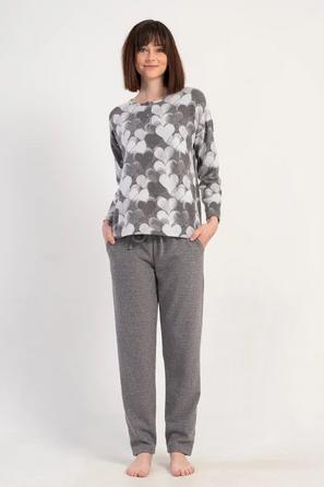 Kadın Büyük Beden Jakarlı Gri Desenli Uzun Kollu Pijama Takımı