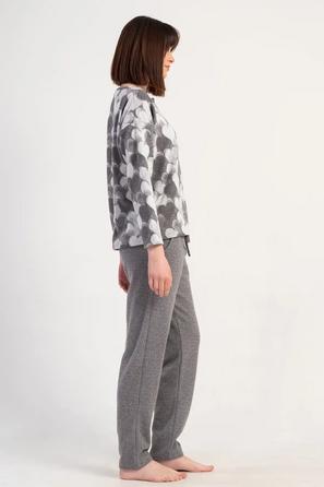 Kadın Büyük Beden Jakarlı Gri Desenli Uzun Kollu Pijama Takımı