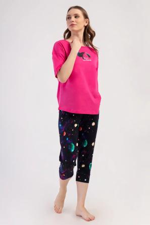 Kadın Büyük Beden Likralı Süprem Düşük Omuz Desenli Kapri Takım