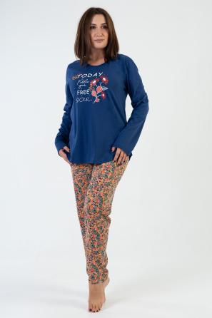 Kadın Büyük Beden O Yaka Çiçekli Uzun Kol Pijama Takım
