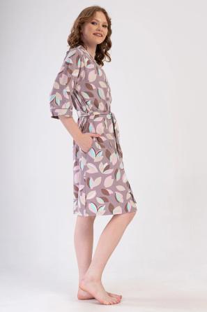 Kadın Büyük Beden Süprem Bej Desenli Yarım Kollu Kuşaklı Cepli Sabahlık