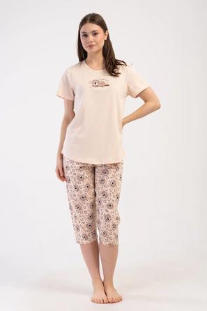 Kadın Büyük Beden Süprem Bej Kısa Kollu Kapri Pijama Takım