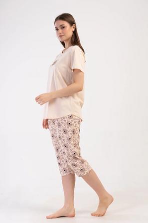 Kadın Büyük Beden Süprem Bej Kısa Kollu Kapri Pijama Takım