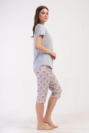 Kadın Büyük Beden Süprem Gri Panda Desenli Kısa Kollu Kapri Pijama Takım