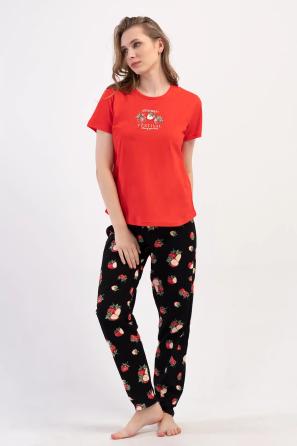 Kadın Büyük Beden Süprem Kırmızı Siyah Meyve Desenli Pijama Takımı