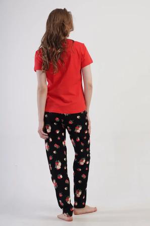 Kadın Büyük Beden Süprem Kırmızı Siyah Meyve Desenli Pijama Takımı