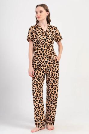 Kadın Büyük Beden Süprem Leopar Gömlek Kısa Kollu Pijama Takım