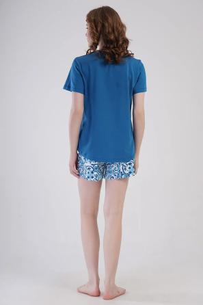 Kadın Büyük Beden Süprem Mavi Desenli Kısa Kollu Şortlu Pijama Takım