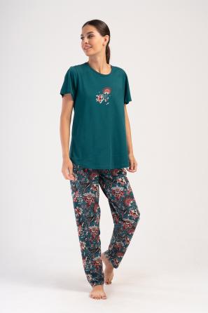 Kadın Büyük Beden Suprem O Yaka Kısa Kol Desenli Pijama Takım