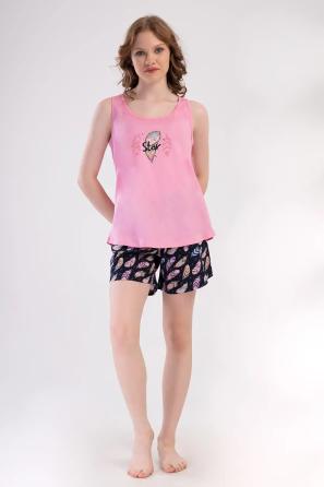 Kadın Büyük Beden Süprem Pembe Lacivert Kalın Askılı Şortlu Pijama Takım