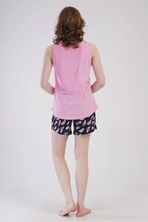 Kadın Büyük Beden Süprem Pembe Lacivert Kalın Askılı Şortlu Pijama Takım